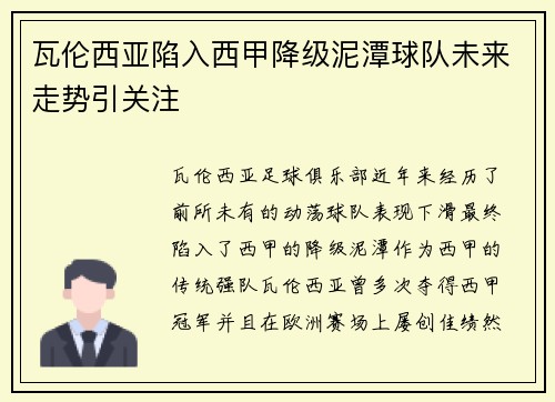 瓦伦西亚陷入西甲降级泥潭球队未来走势引关注